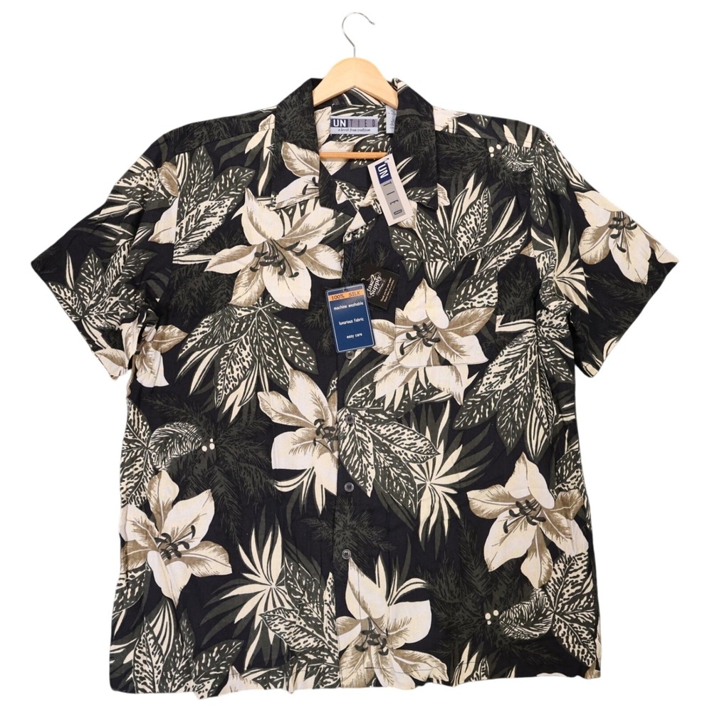 Untied Button Up Shirt Mens XL Black New Vintage Floral Silk Hawaiian Camp‎